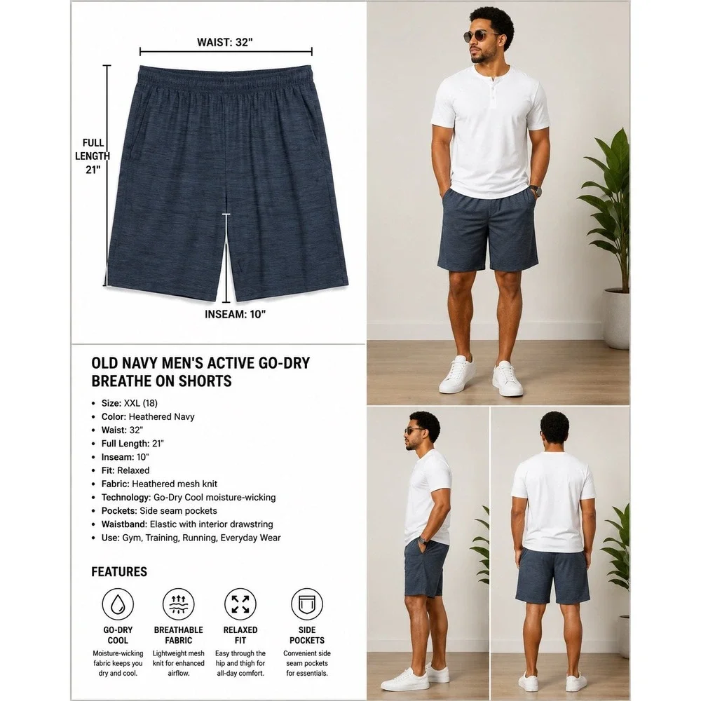 Old Navy Go-Dry Breathe On Men's Athletic Shorts 2XL Blue 10